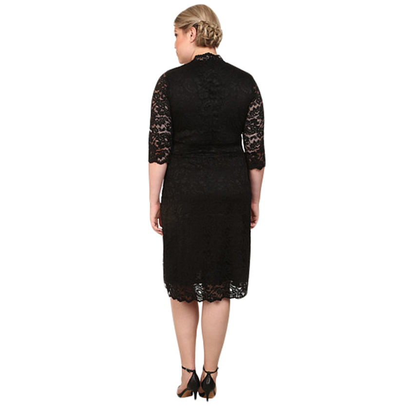 European and American women's large size 2016 spring V-neck SexySlim lace dress(Black)- Intl