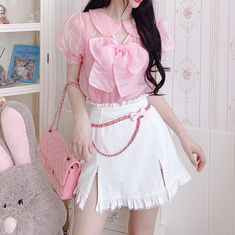 Summer Joy : พรีออเดอร์ เสื้อชีฟองแฟชั่นสีชมพูหวานน่ารักๆ ประดับโบว์ แบรนด์แท้