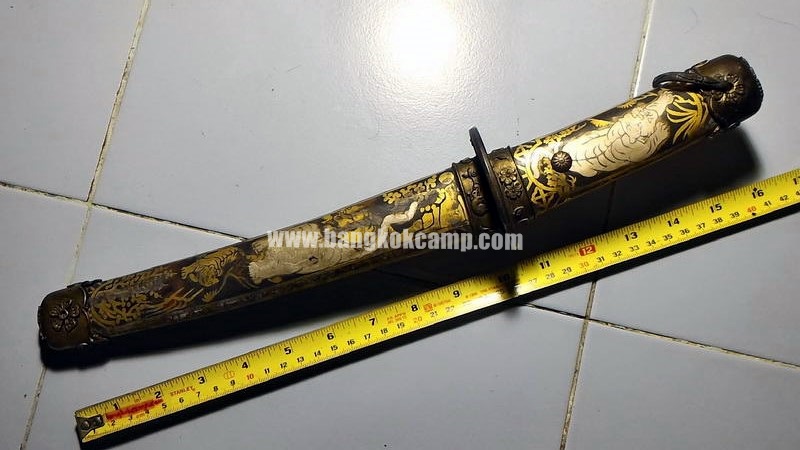 ดาบญี่ปุ่นลายเสือเล่มเล็ก ฮาราคีรี กระไหล่เงิน ใบมีดเป็นเหล็กลาย (ใบมีดดามัสกัส)