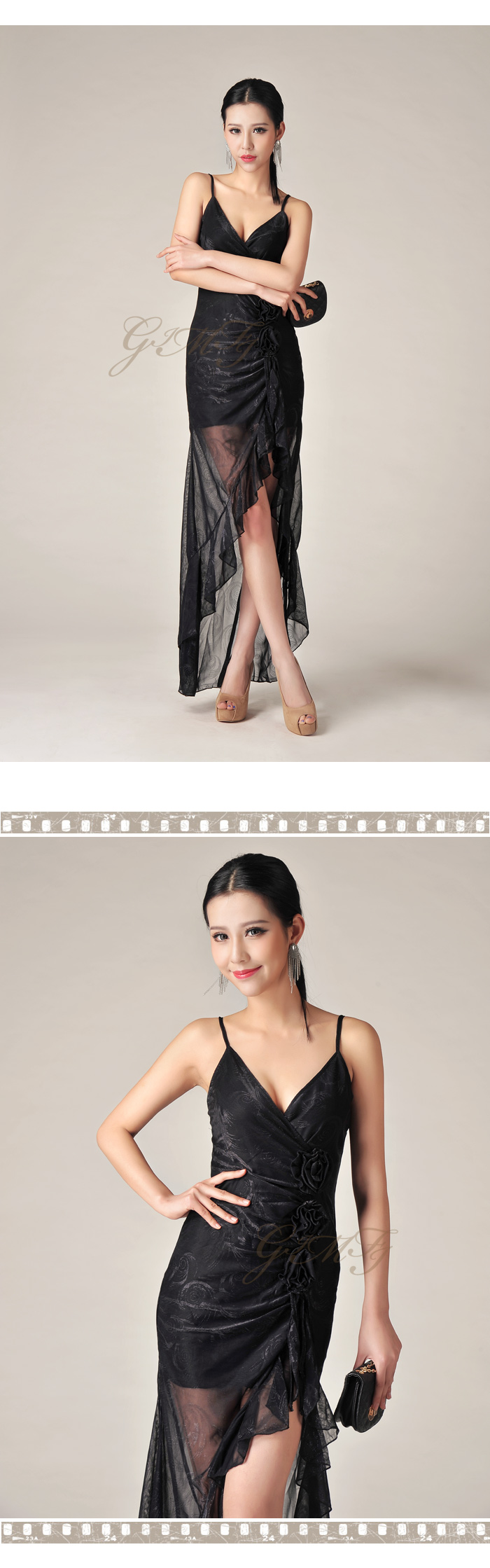MAXI DRESS ชุดเดรสยาวแฟชั่นสายเดี่ยว SEXY สีดำ ผ้าตาข่าย แต่งดอกไม้ สวยมาก ใส่ออกงานกลางคืนได้ ASIA STREET FASHION