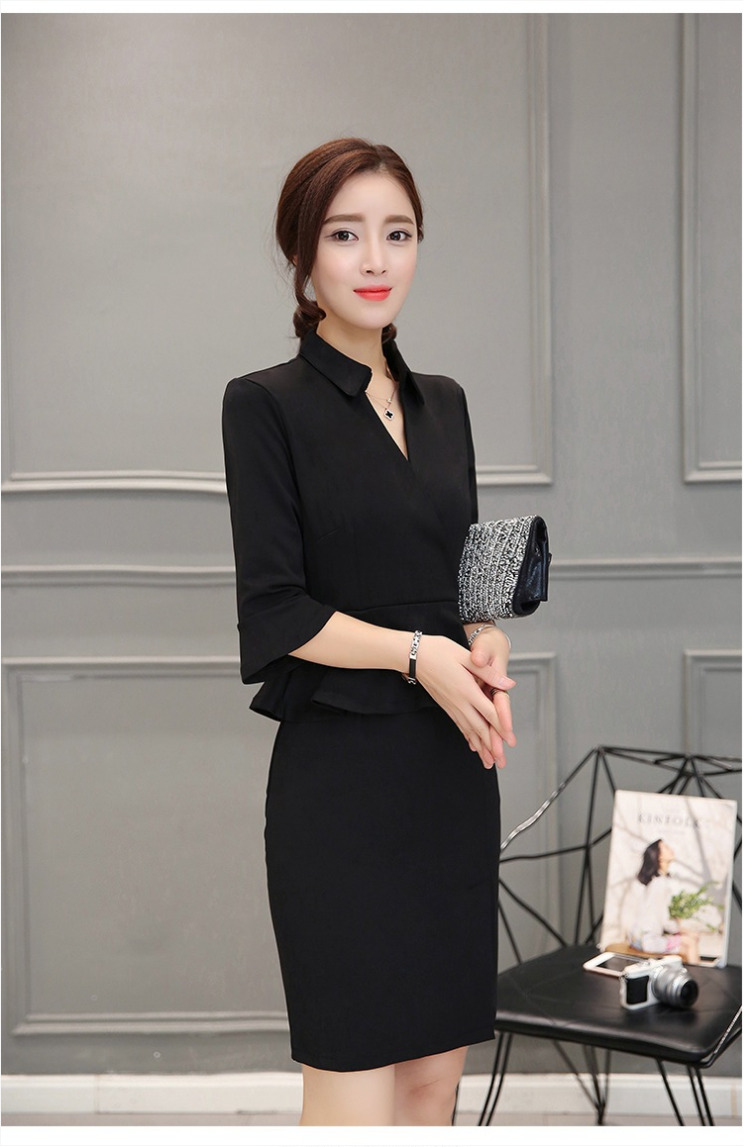 ชุดเดรสทำงานสีดำ เข้ารูป คอปก เอวแต่งระบาย แนวเรียบๆ สวยดูดี แฟชั่นชุดทำงานสไตล์ออฟฟิศ