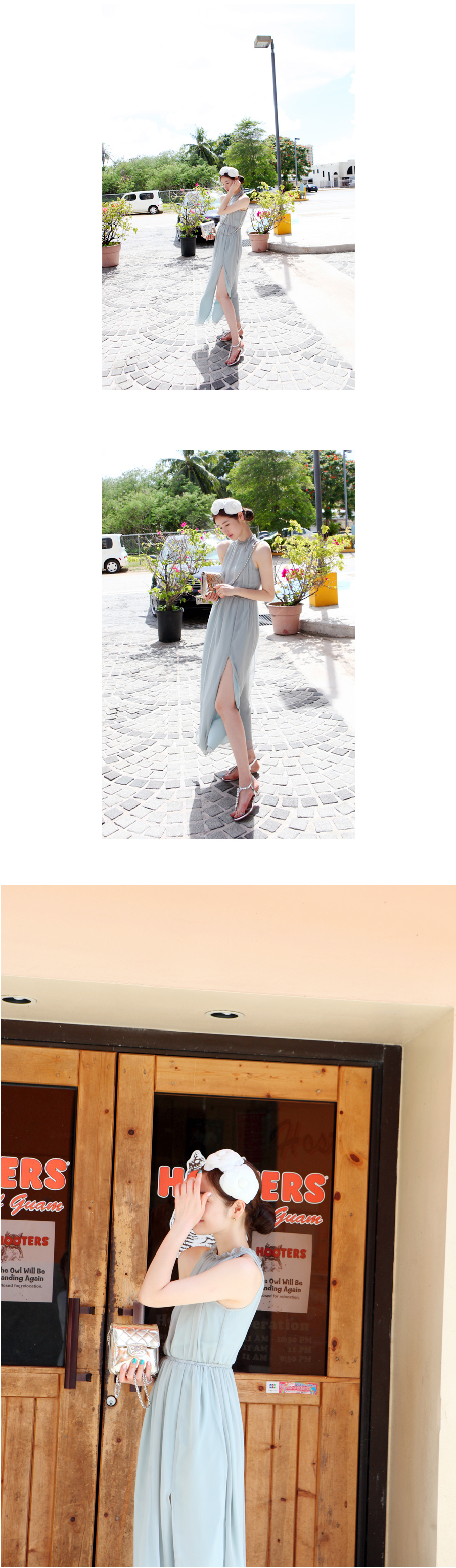 maxi dress - ชุดเดรสยาวผ้าชีฟอง ใสเที่ยว ใส่ทำงาน แขนกุด เปิดหลัง สีเขียว น่ารัก ใส่ออกงานได้ Asia Street Fashion