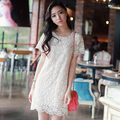 dress ชุดเดรสแฟชั่นเกาหลี ผ้าลูกไม้ ใส่ทํางาน งานแต่ง สี Apricot ออกงาน สวยๆ Asia Street Fashion