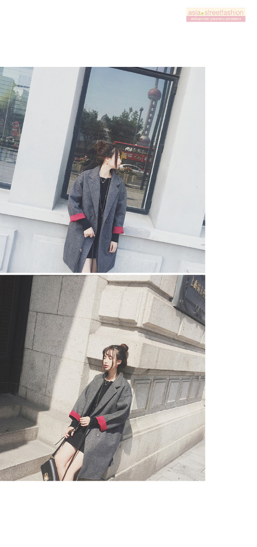 เสื้อโค้ททรงเก๋ ผ้าวูทรงแข็งเนื้อดี บุซับในกันลม แต่งพับแขนสีแดง ชายรุ่ย งานเก๋มาก พร้อมส่ง สีเทา