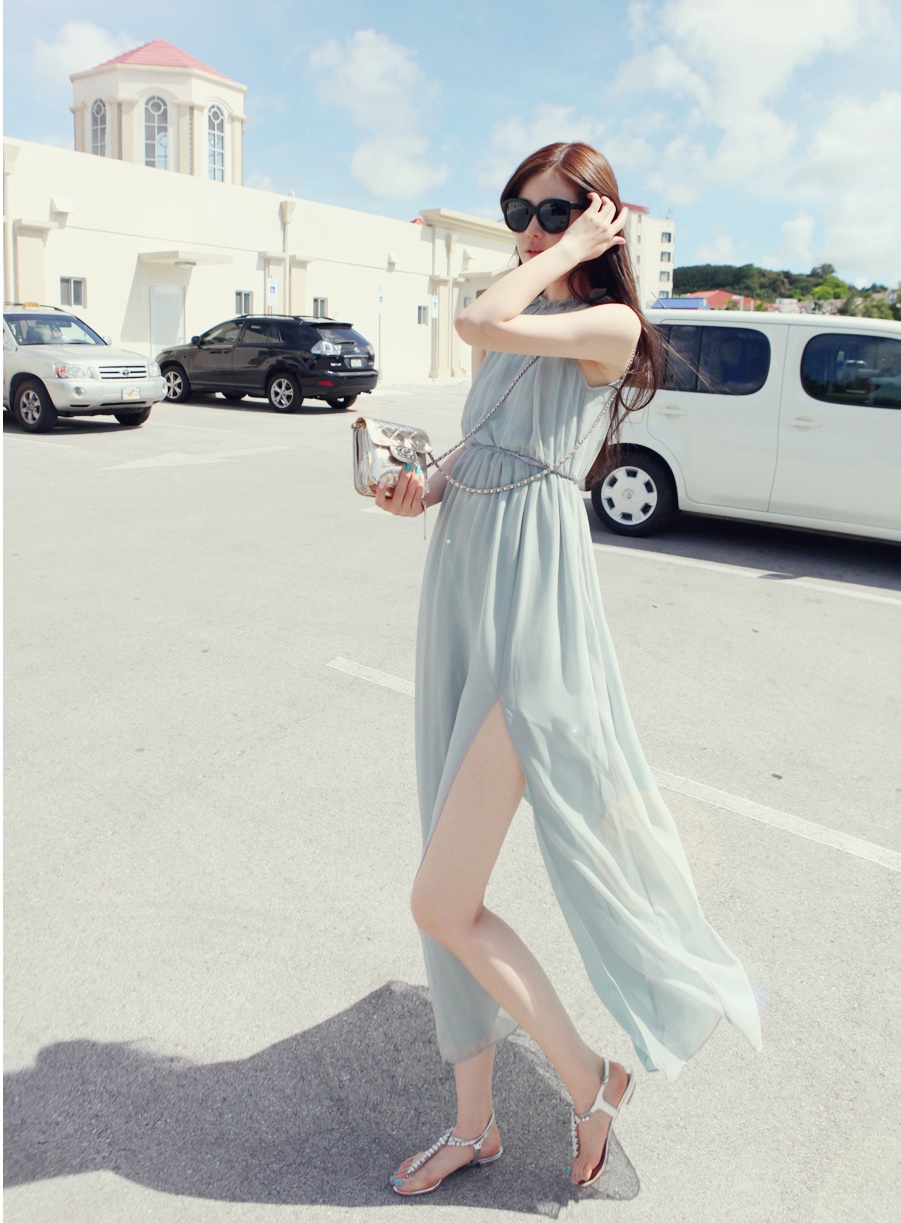 maxi dress - ชุดเดรสยาวผ้าชีฟอง ใสเที่ยว ใส่ทำงาน แขนกุด เปิดหลัง สีเขียว น่ารัก ใส่ออกงานได้ Asia Street Fashion