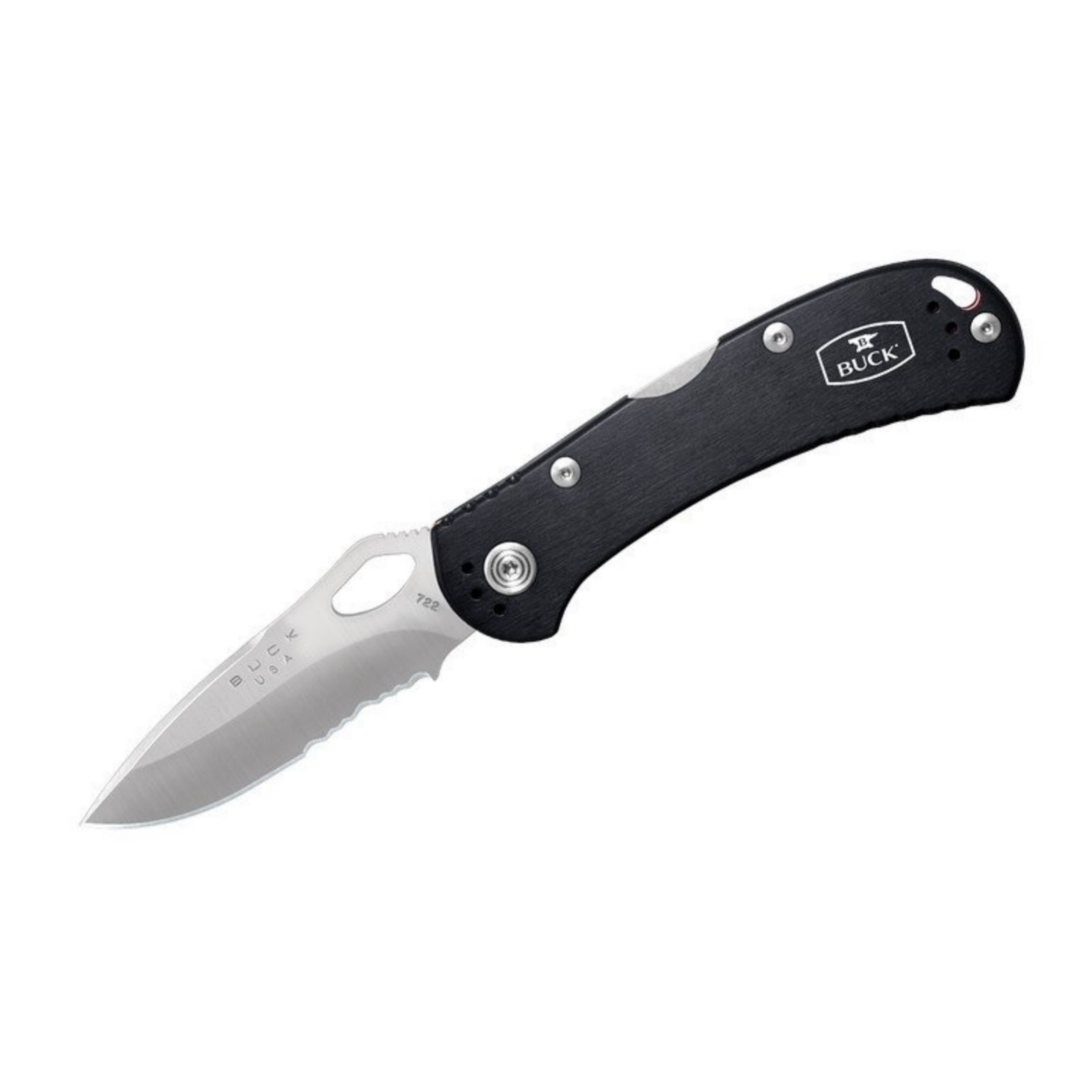 มีดพับ Buck 722 SpitFire Folding Knife 3.25" Satin Drop Point Combo Blade, Black Anodized Aluminum Handles - 12358