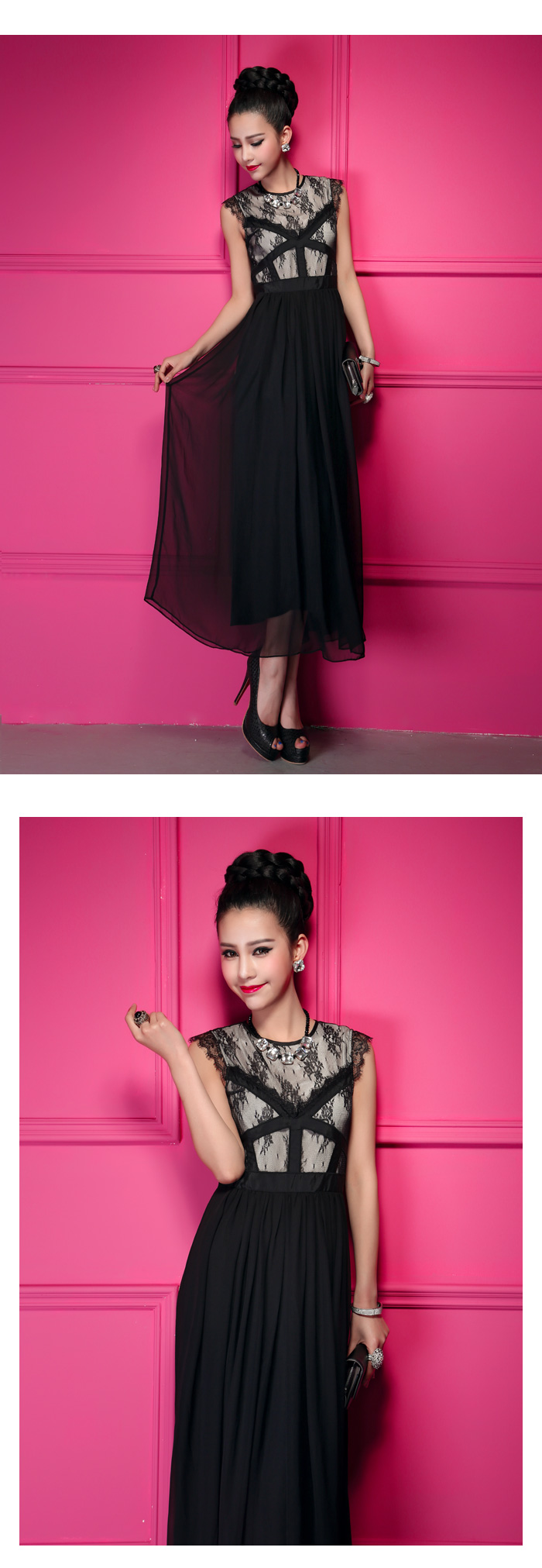 maxi dress ชุดเดรสยาว แฟชั่น ผ้าชีฟอง แต่งลูกไม้ แขนกุด สีดำ ใส่ออกงาน