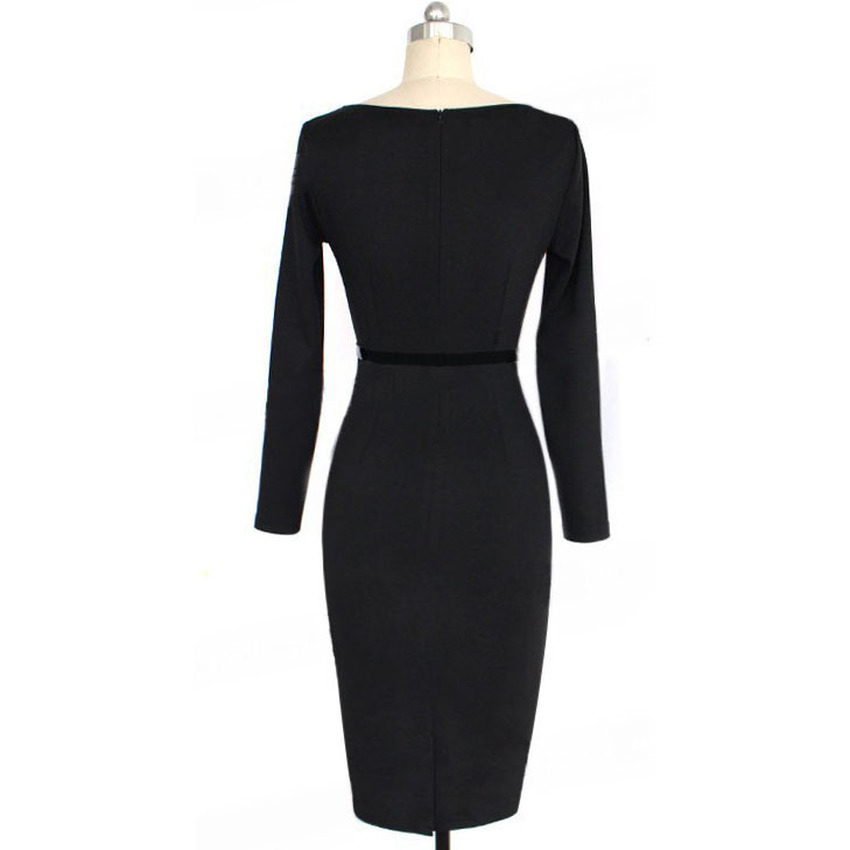 New 2015 Autumn Winter O-Neck Patchwork Women Work Wear LadiesOffice Women is Fashion Dresses Long Sleeve Knee-Length Bandage Pencil Party Asia Dresses OnlineesS-2XL Red