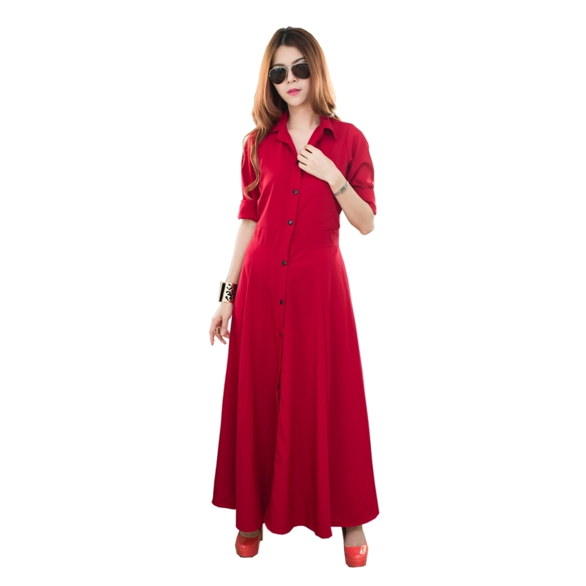 Fashionstory maxi dress เชิ้ตยาว แต่งกระดุมหน้ายาวถึงชายกระโปรง -สีแดงเข้ม