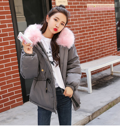 เสื้อกันหนาวฮู้ดดี้ แต่งเฟอร์หนาฟู งานเกรดดีเหมือนแบบ บุนวมหนา อุ่นมาก หิมะก็เอาอยู่ (ถอดขนถอดฮู้ดได้) เทาฮู้ดชมพู M