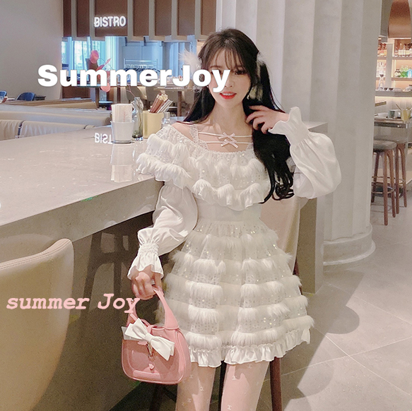 Summer Joy : พรีออเดอร์ เดรสสีขาวกระโปรงเค้ก แขนยาว คอกว้าง ประดับเลื่อม (สินค้าไม่รวมโบว์ชมพูค่ะ) แบรนด์แท้