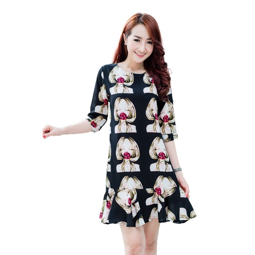 Fashionstory เดรสลายผู้หญิง คาบกุหลาบ สไตล์โคว์เรีย สีดำ