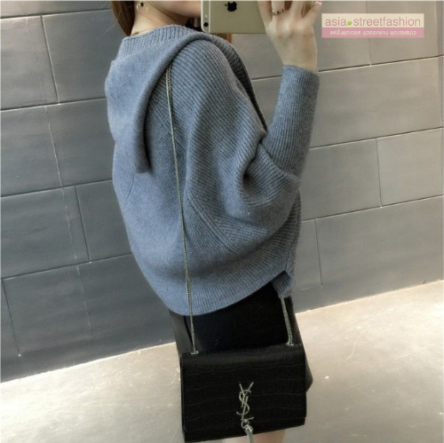 เสื้อคลุมกันหนาว ไหมพรมถัก ตัวสั้นมีฮู๊ด มีให้เลือกหลายสี พร้อมส่ง สีดำ