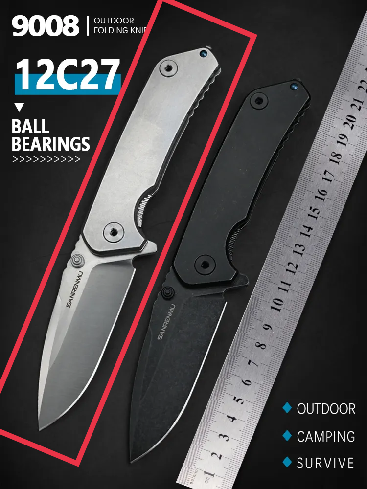 มีดพับ SANRENMU SRM 9008 ใบ12C27 Blade Ball Baring Survival EDC เครื่องมือกู้ภัย (9008 สีเงิน)