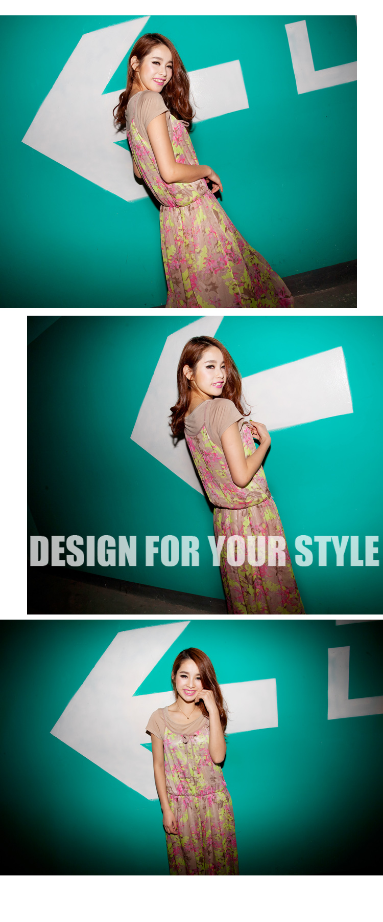 MAXI DRESS ชุดเดรสยาวแฟชั่น 2 ชิ้น ผ้าชีฟอง พื้นสีน้ำตาล ลายเขียว ชมพู ม่วง ใส่ทำงาน ใส่ออกงานได้ น่ารัก ASIA STREET FASHION