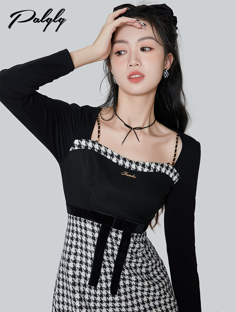 Palglg : พรีออเดอร์ เดรสฤดูหนาวแฟชั่นสไตล์เกาหลีแขนยาว แต่งสายโซ่ แบรนด์แท้