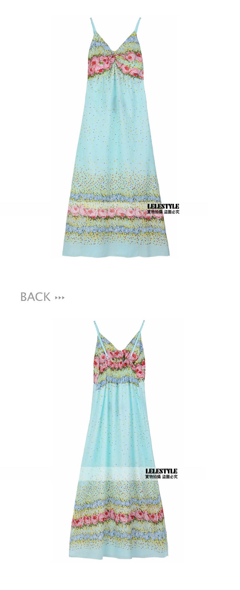 maxi dress ชุดเดรสยาวสายเดี่ยว แฟชั่นใส่เที่ยว น่ารัก ผ้า Cotton สีฟ้า ลายจุด ดอกไม้ สม็อกอกด้านหลัง สวยมากๆ ค่ะ Asia Street Fashion