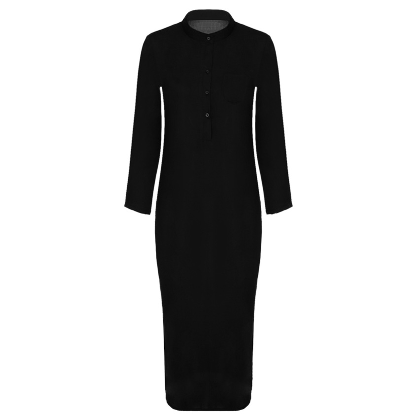 Jo.In Women Long Sleeve Single Button Long Dresses S-XL (Black)