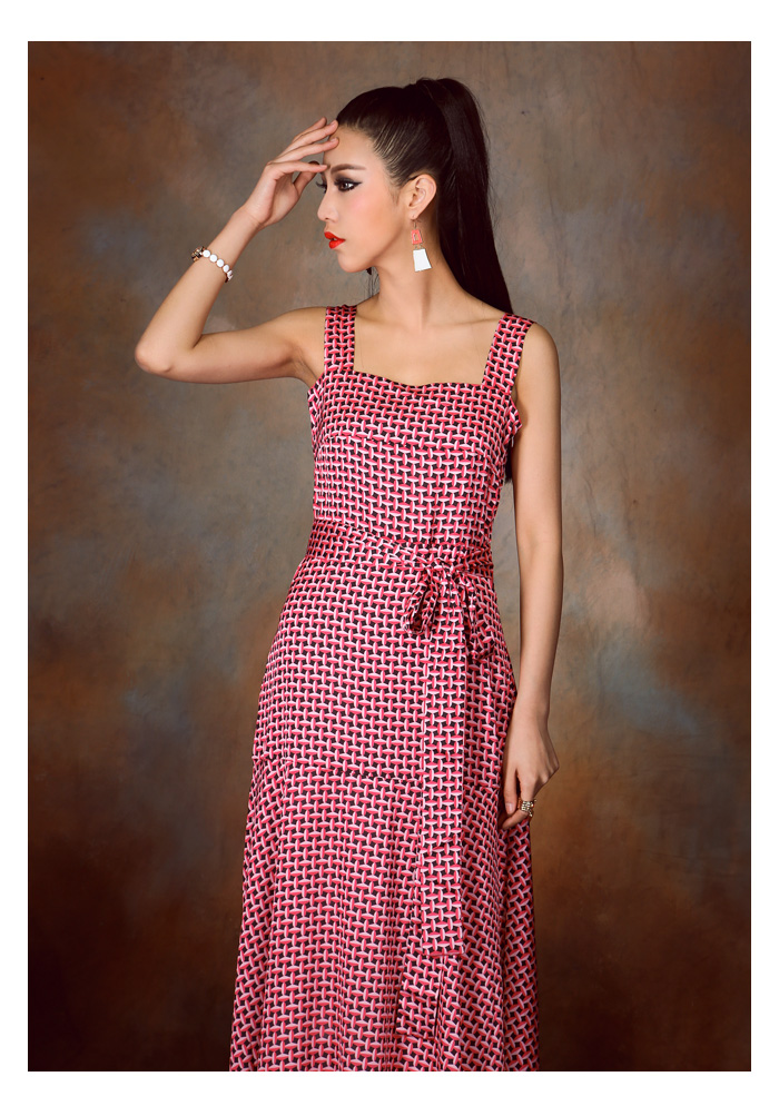 maxi dress - ชุดเดรสยาว ลายสีชมพู ดำ ใส่ออกงาน ใส่เที่ยว เชือกผูกเอว สวยๆ Asia Street Fashion