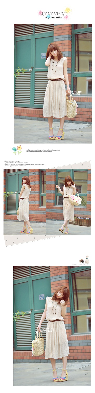 maxi dress - ชุดเดรสยาวเสื้อกล้าม สีเบจ แต่งคอ จั๊มเอว ใส่ไปทะเลชิวๆ ใส่ทำงาน เก๋ไก๋ น่ารัก Asia Street Fashion (พรีออเดอร์)