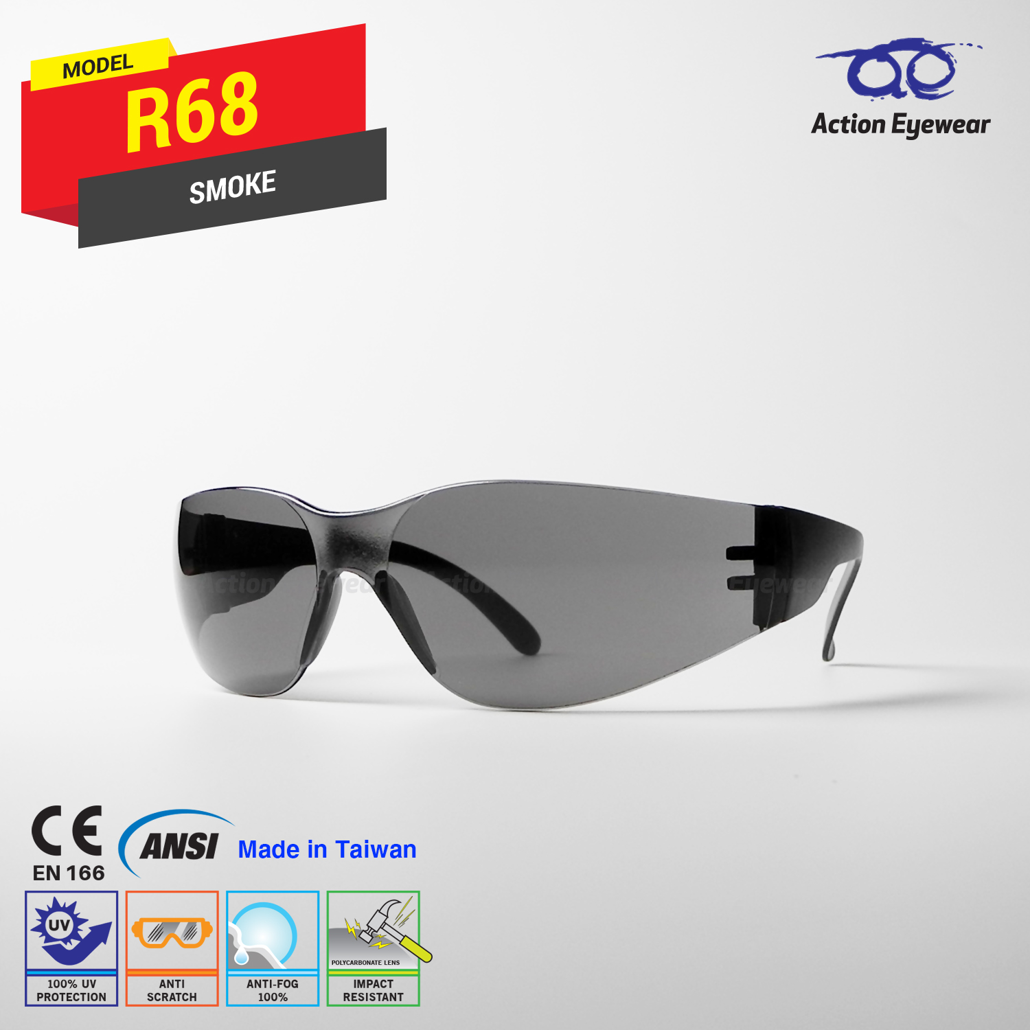 แว่นตานิรภัย รุ่น R68 (กันฝ้า 100%) เลนส์ดำ