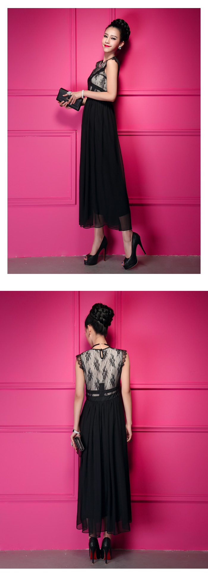 maxi dress ชุดเดรสยาว แฟชั่น ผ้าชีฟอง แต่งลูกไม้ แขนกุด สีดำ ใส่ออกงาน