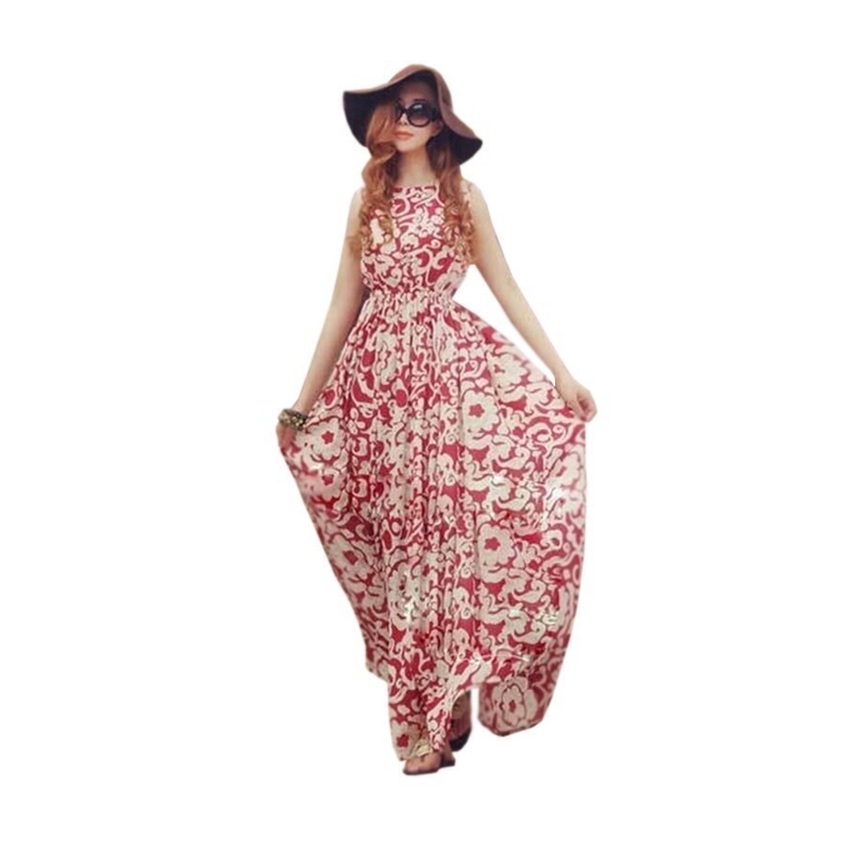 Fashionstory Maxi Ladies Dresses เดรสดอกไม้โบฮีเมี่ยน แมกซี่เดรสตัวยาวผ้าชีฟอง สวยหรู(สีแดง)