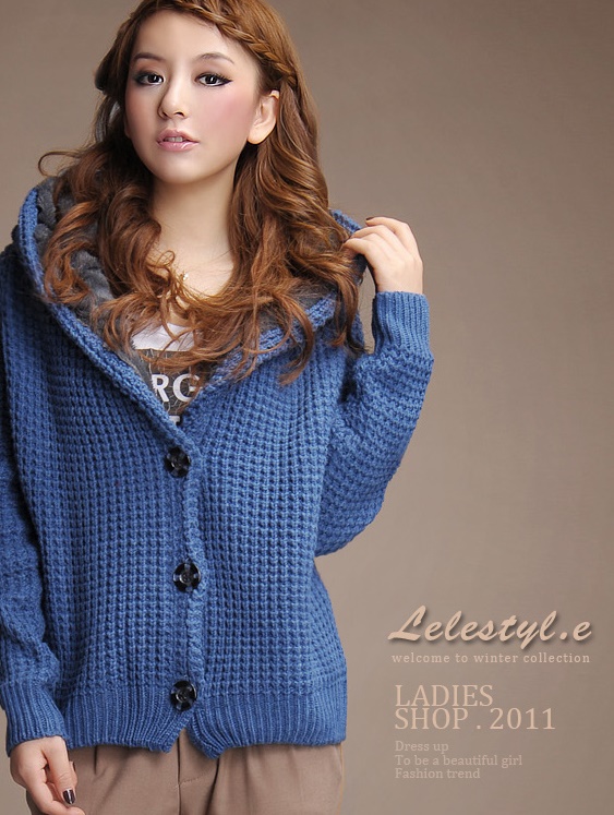 fashion เสื้อกันหนาวไหมพรม แฟชั่น มีฮู้ด สีน้ำเงิน น่ารักๆ