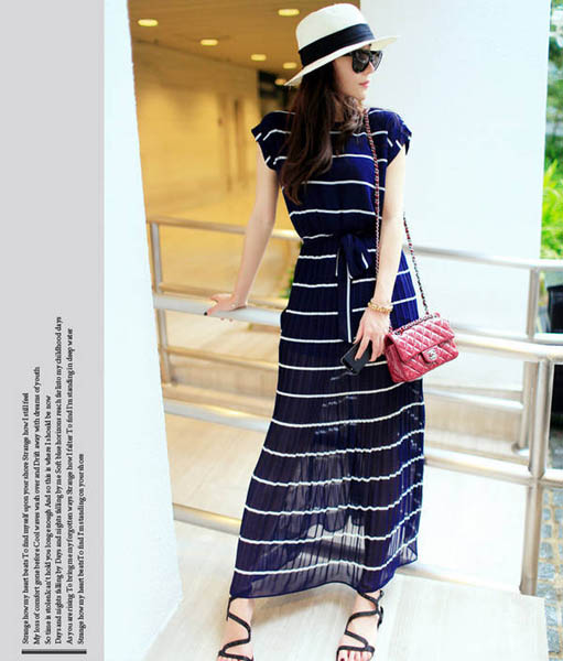 maxi dress ชุดเดรสยาวกระโปรงอัดพลีท ผ้าชีฟอง สีน้ำเงิน จั๊มเอว ใส่เที่ยว เท่ห์ๆ Asia Street Fashion