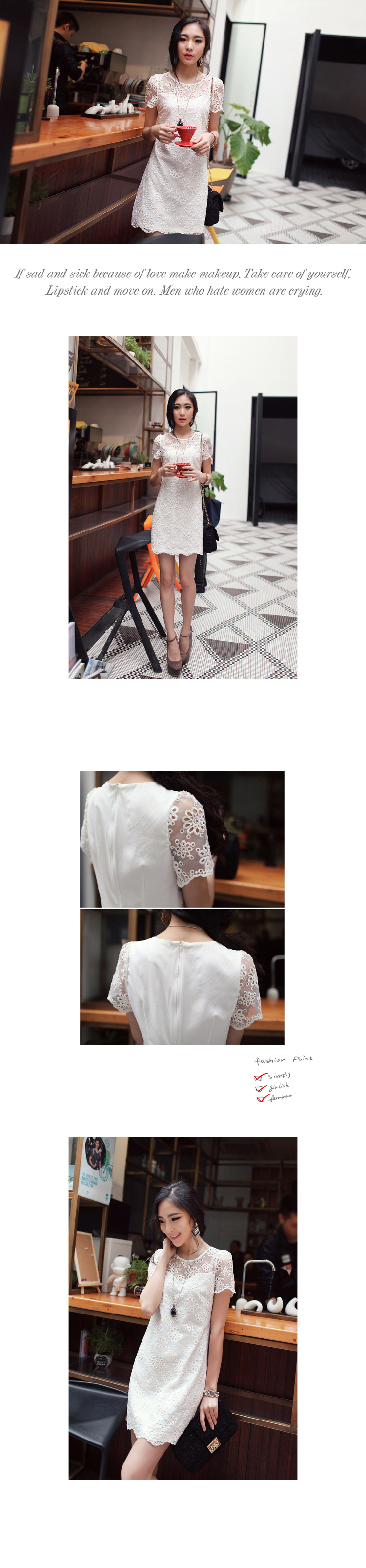 DRESS ชุดเดรสแฟชั่นผ้าลูกไม้ ใส่ออกงาน งานแต่งงาน แขนสั้น คอกลม สีขาวครีม น่ารัก ใส่ทำงาน สวยๆ ASIA STREET FASHION
