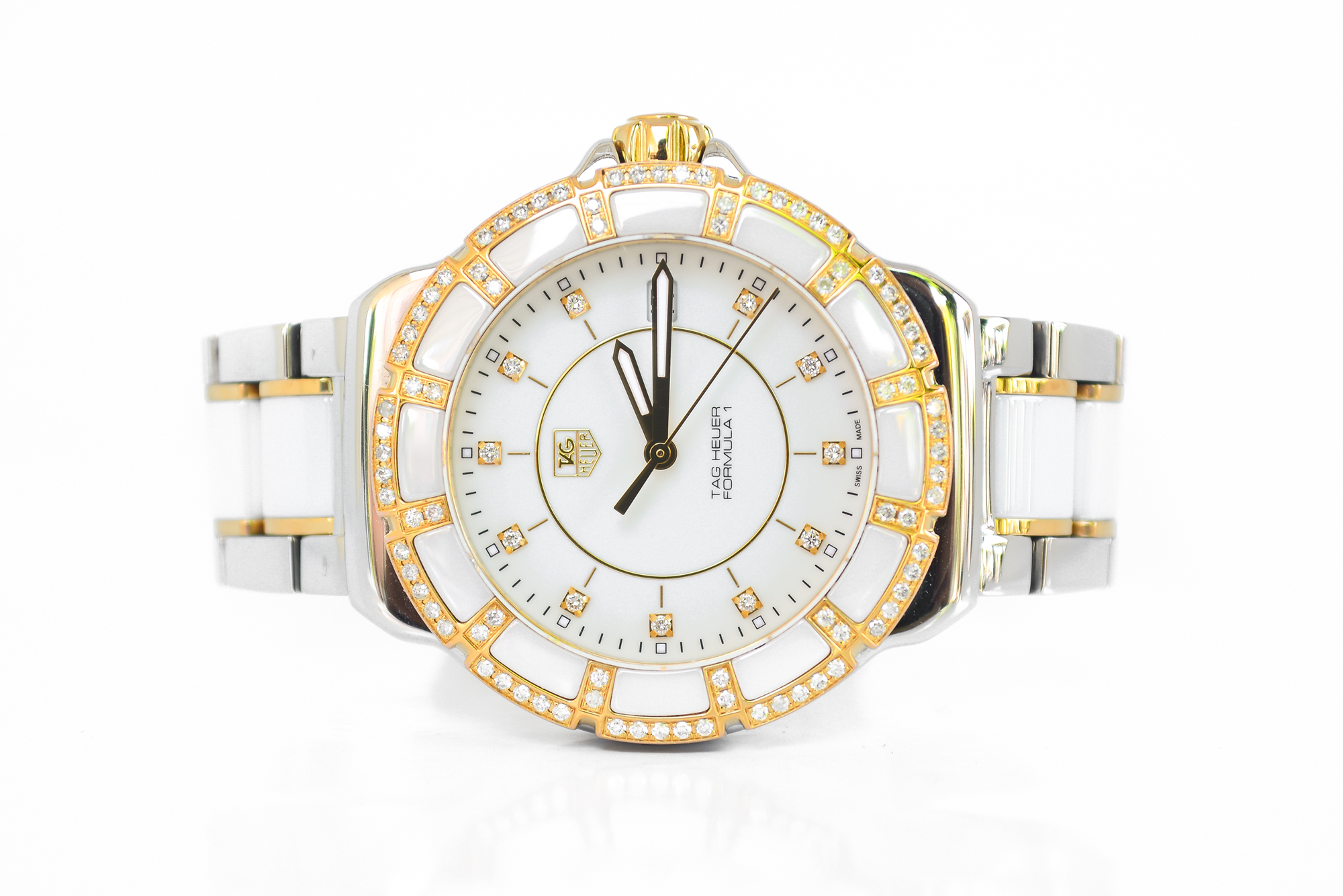 Tag Heuer F1 White Ceramic Boy Size Quartz 2tone Full Diamond