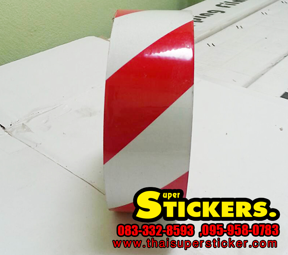 สติ๊กเกอร์ ขาว - แดง สะท้อนแสง ลายเฉียง กว้าง 2 นิ้วXยาว 45 เมตร