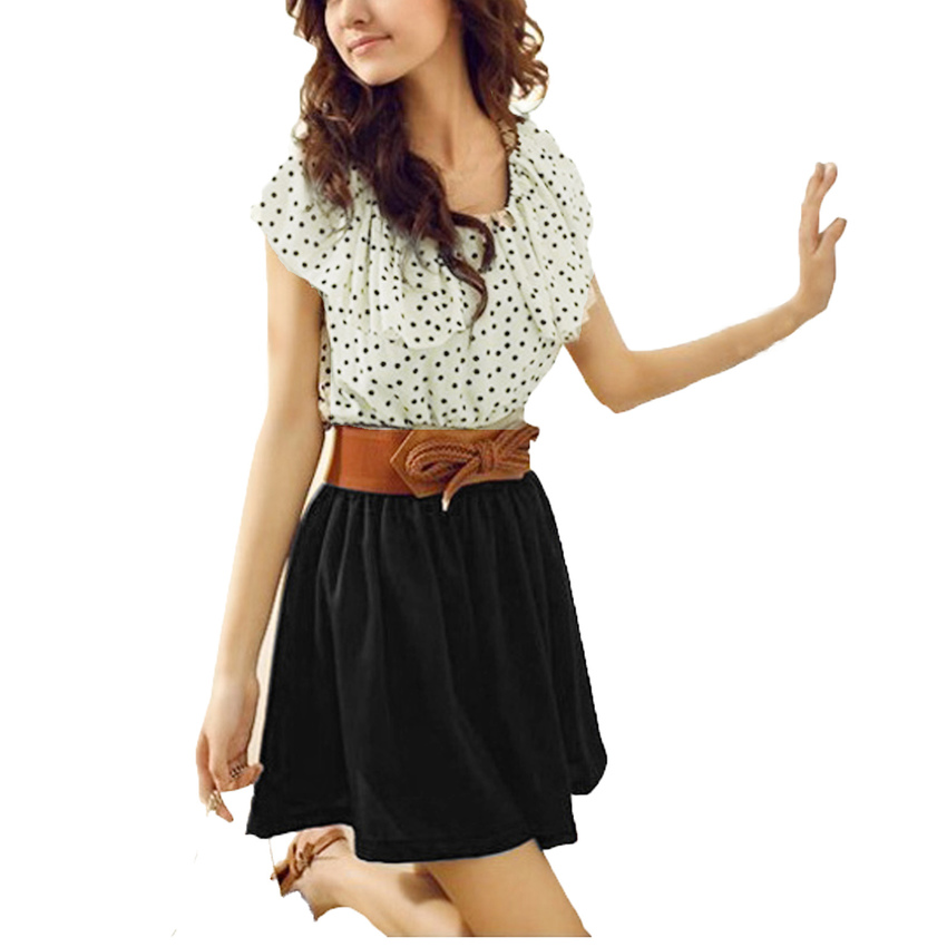 ZANZEA Women's Short Sleeve Top Polka Waist Mini Chiffon PartyAsia Dresses+ Belt