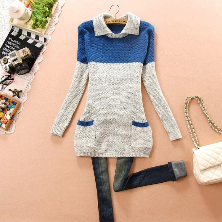 fashion เสื้อกันหนาวไหมพรมแฟชั่น คอปก สีน้ำเงิน น่ารักๆ ใส่เที่ยว