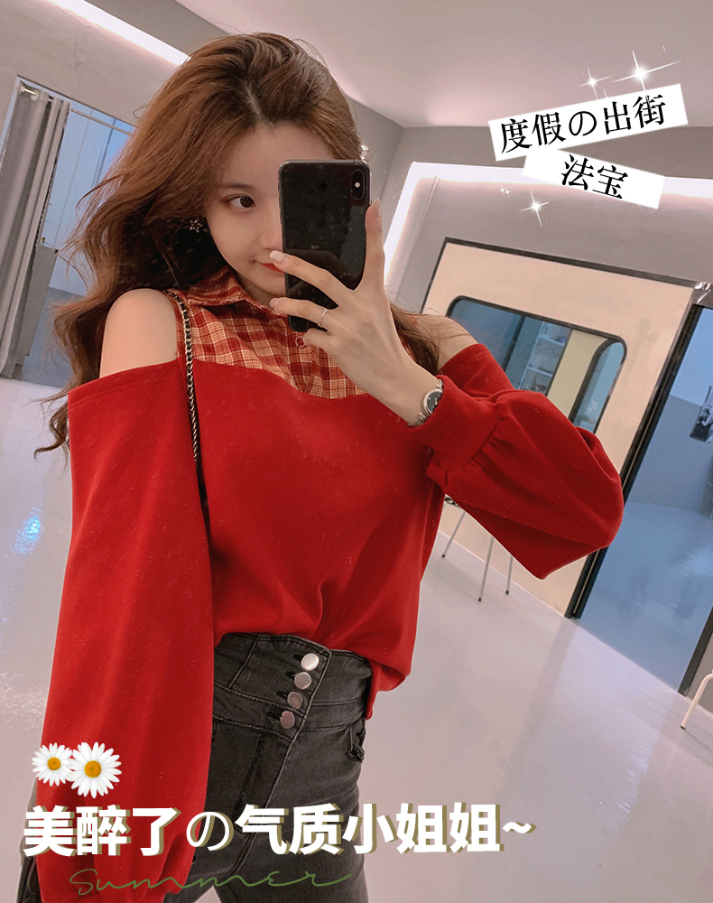 Palglg : พรีออเดอร์ เสื้อสเวตเตอร์คอโปโลลายสก็อต ช่วงแขนยาวเปิดไหล่สีแดง แบรนด์แท้