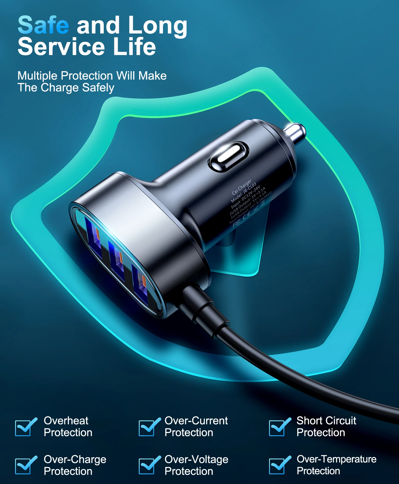 Joyroom JR-CL03 Car Charger 5 USB Ports - ที่ชาร์จในรถแบบ 2 จุด สามารถติดเบาะหลังได้ 5V/6.2A / 31W