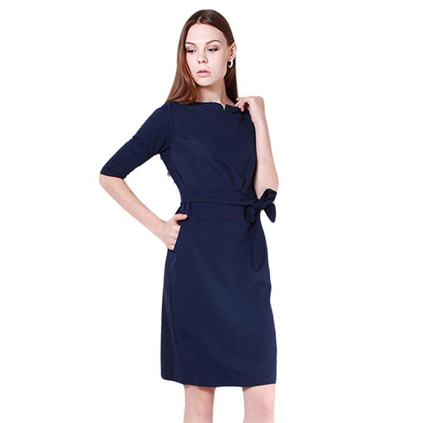 LALANG Women Half Sleeve Women is Fashion Dresses O-Neck Slim Casual Dark Blue