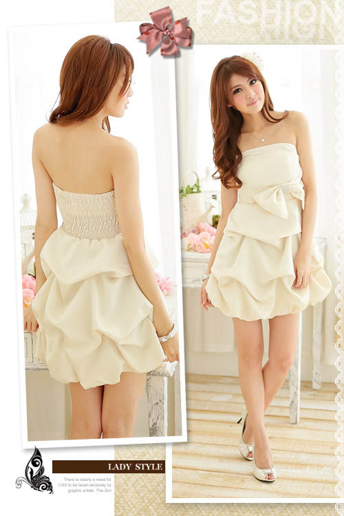 dress ชุดเดรสแฟชั่นใส่ออกงาน ผ้าซาติน สีแอพพริคอท สม๊อคช่วงอก น่ารัก ใส่ไปงานแต่งงาน สวยมากๆ ค่ะ Asia Street Fashion