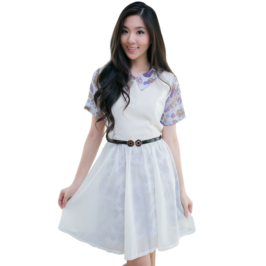 Fashion on art เดรสสำหรับผู้หญิงสั้นปกเชิ๊ต เดรสยาวสำหรับผู้หญิงพิมพ์ลายตัดต่อสีพื้นโทนสีม่วง