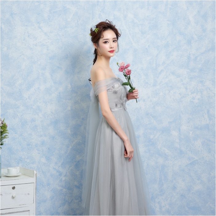 ชุดราตรียาวสีเทา เปิดไหล่ ผูกโบว์หลัง เรียบหรู สวยสง่า ดูดี สไตล์สาวหวาน ใส่ออกงานกลางคืน / ไปงานแต่งงาน / ชุดเพื่อนเจ้าสาว