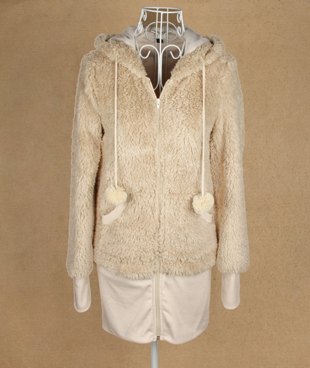 fashion เสื้อกันหนาวมีหมวก สีเบจ ขนปุย อุ่นๆ แฟชั่น น่ารักๆ