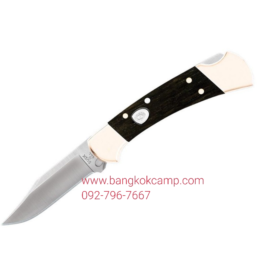 มีดพับ Buck 112 Ranger AUTO Folding Knife 3" Plain Blade, Ebony Wood Handles with Brass Bolsters, Leather Sheath - 11894