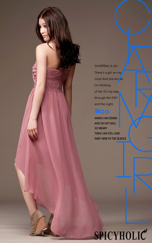 maxi dress ชุดเดรสยาว แฟชั่น ใส่ไปงานแต่งงาน เกาะอก ผ้าชีฟอง สีชมพู ใส่ออกงาน น่ารัก สวยๆ Asia Street Fashion