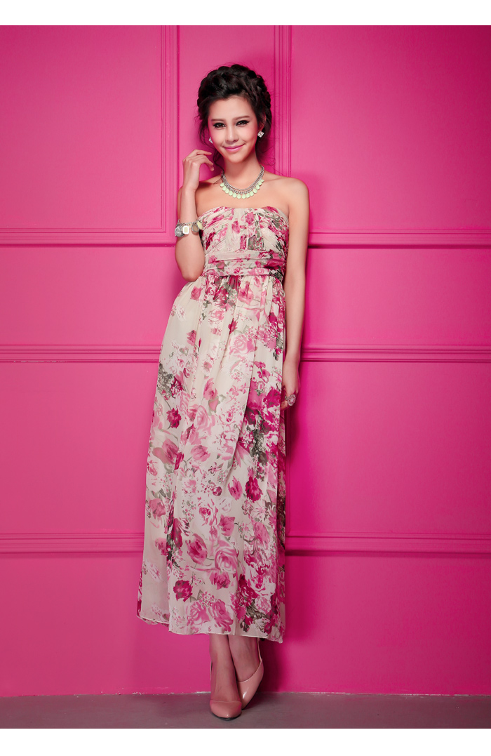 maxi dress ชุดเดรสยาวเกาะอก งานแต่งงาน ผ้าชีฟอง พื้นสีเบจลายดอกไม้สีชมพูเขียว ใส่ออกงาน น่ารัก สวยๆ Asia Street Fashion