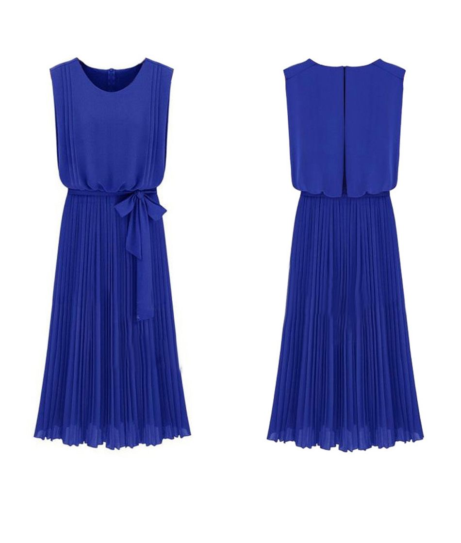 MAXI DRESS - ชุดเดรสยาวแขนกุด สีน้ำเงิน ผ้าชีฟอง ใส่ทำงาน กระโปรงอัดพลีท ใส่ออกงาน ASIA STREET FASHION