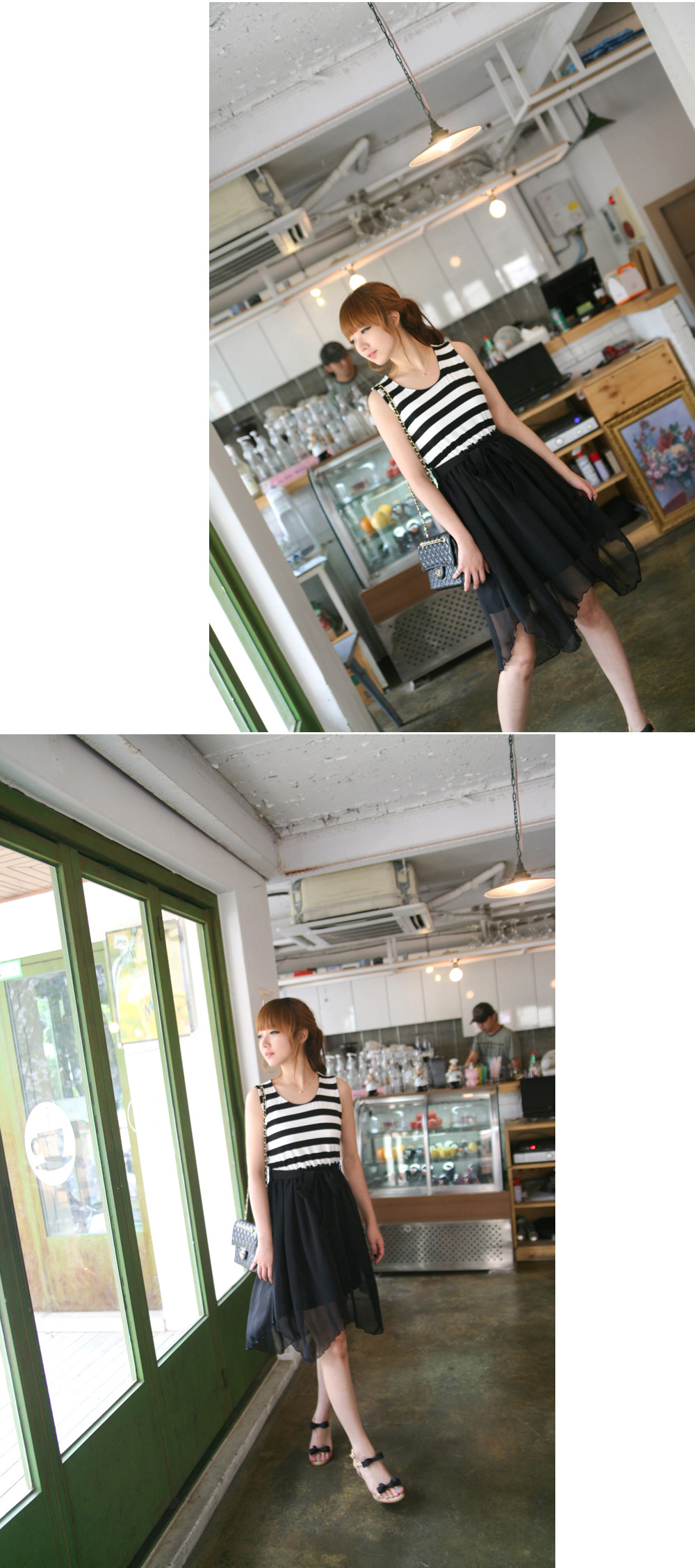 DRESS ชุดเดรสแฟชั่นแขนกุด คอกลม ลายขวางสีดำ ขาว ผ้าคอตตอน + ชีฟอง จั๊มเอว ASIA STREET FASHION