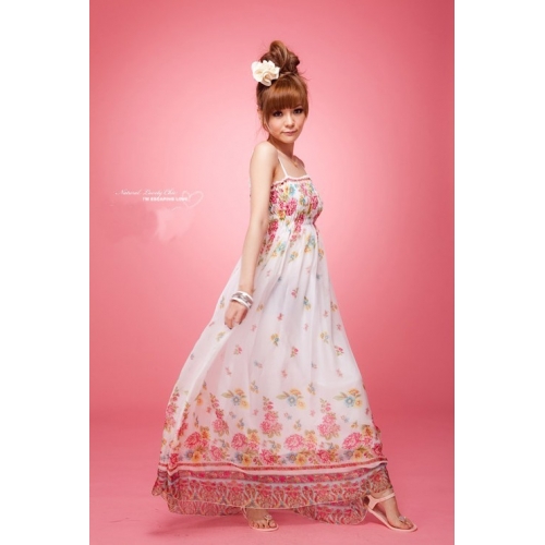 maxi dress ชุดเดรสยาวสายเดี่ยว งานแต่งงาน ผ้าชีฟอง พื้นสีขาว ลายดอกไม้ สม็อกอก ใส่ออกงานได้ สวยๆ Asia Street Fashion