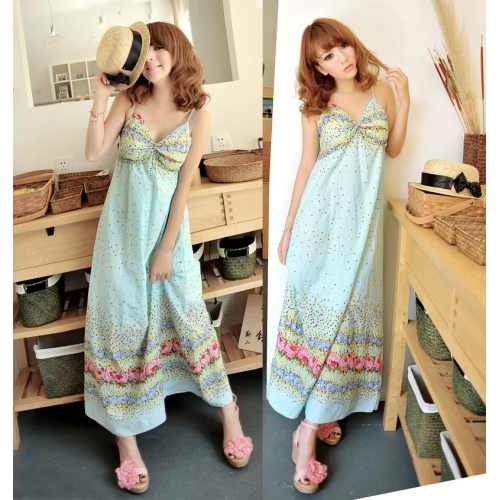 maxi dress ชุดเดรสยาวสายเดี่ยว แฟชั่นใส่เที่ยว น่ารัก ผ้า Cotton สีฟ้า ลายจุด ดอกไม้ สม็อกอกด้านหลัง สวยมากๆ ค่ะ Asia Street Fashion