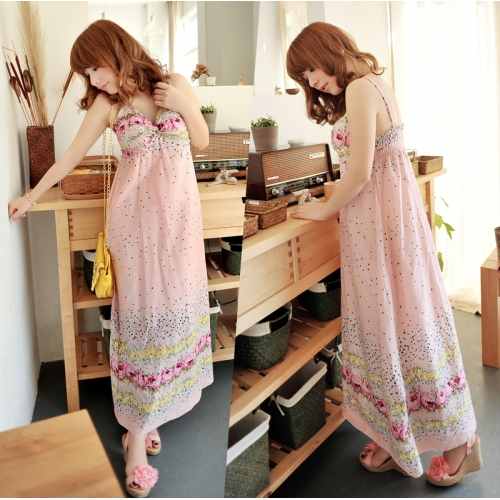 maxi dress ชุดเดรสยาวสายเดี่ยว แฟชั่นใส่เที่ยว น่ารัก ผ้า Cotton สีชมพู ลายจุด ดอกไม้ สม็อกอกด้านหลัง สวยมาก Asia Street Fashion