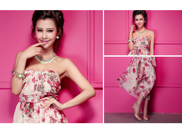 maxi dress ชุดเดรสยาวเกาะอก งานแต่งงาน ผ้าชีฟอง พื้นสีเบจลายดอกไม้สีชมพูเขียว ใส่ออกงาน น่ารัก สวยๆ Asia Street Fashion